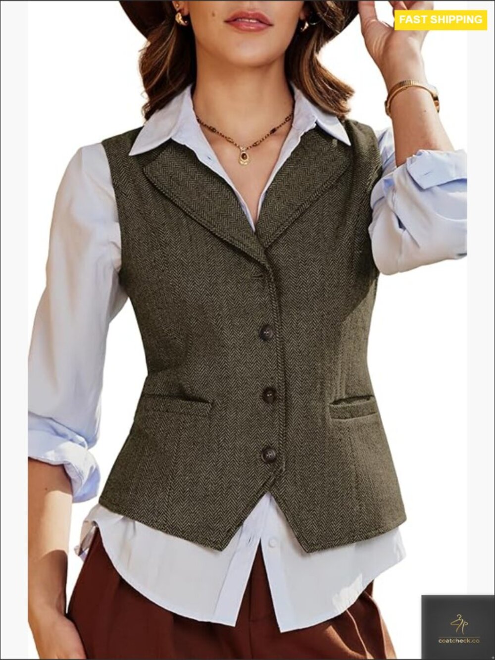 Herringbone Tweed Waistcoat Sleeveless Blazer Vest Classic Lapel Adjustable Back